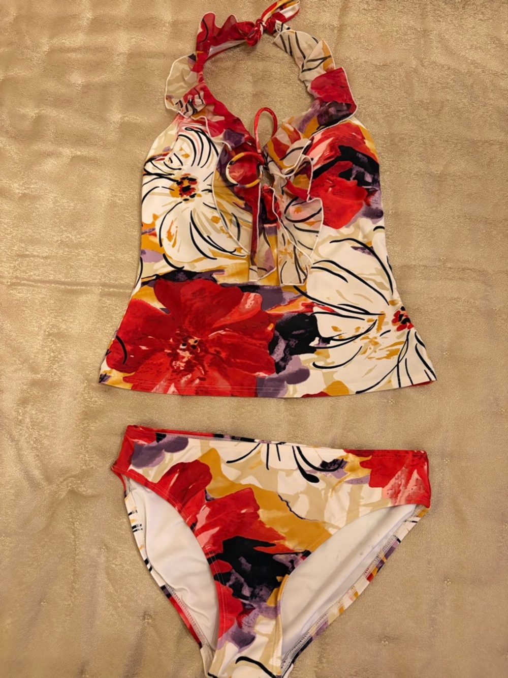 Floral Halter Tankini Set - Red, White & Yellow